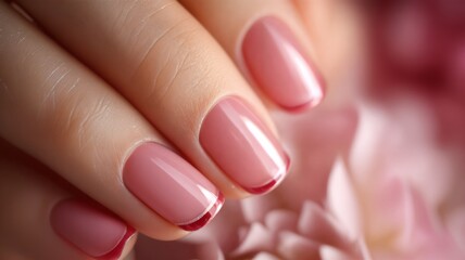 Manos femeninas con uñas rosadas y brillantes, sobre un fondo rosa difuminado.