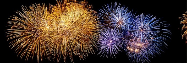 Fototapeta premium Golden-yellow fireworks burst on the left side of the night sky, cascading like a luminous waterfall, with smaller blue and purple fireworks sparkling in the background,