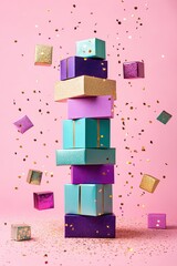 Fototapeta premium Colorful stacked gift boxes with confetti falling in a cheerful and festive arrangement against a pink background