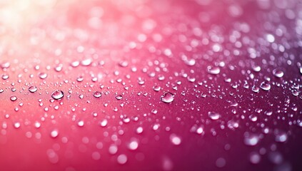 Raindrops resting on a colorful surface reflecting light during early morning hours