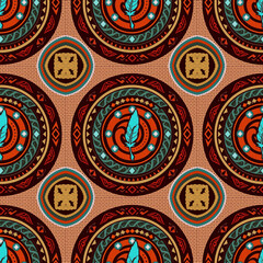 Colorful Tribal Geometric Seamless Pattern Feather circle and knitted fabric pattern