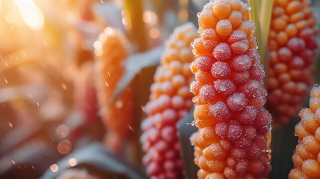Vibrant close up of dew kissed orange colloquial floral structures in morning light