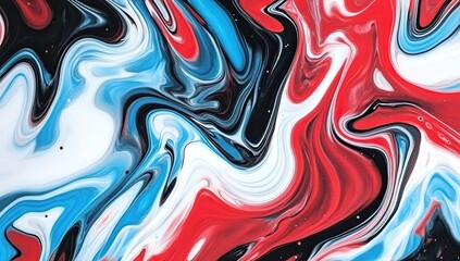 Obraz premium Colorful abstract pattern of swirling red, white, blue, and black paint with smooth textures and flowing designs seen on a canvas