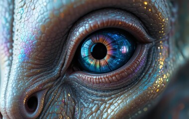 A close-up of an alien's eye with iridescent skin and intricate facial features