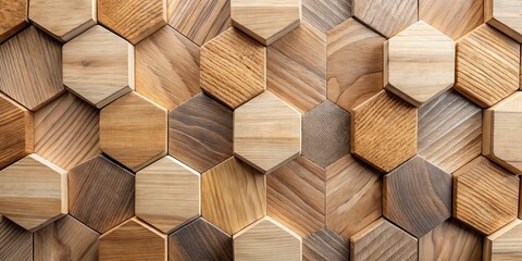 Obraz premium Intricate Hexagonal Wooden Wall Panel Texture A Detailed Close-Up Shot Featuring Varied Wood Grain Patterns and Tones in a Geometric Arrangement