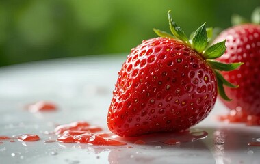A close-up photo of a fresh strawberry with water droplets on it, placed on a white surface with a green background.