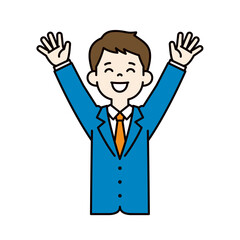 笑顔でバンザイをする、スーツを着た若い男性のベクターイラスト素材＿線幅の編集可能＿カラー