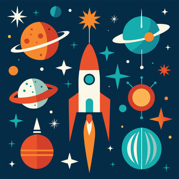 retro space age icons 1950s style rockets and planets