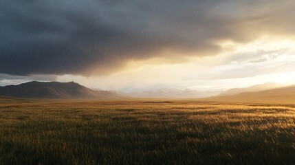 Golden landscape at sunset, expansive fields under dramatic clouds, perfect for nature themes and text overlays.