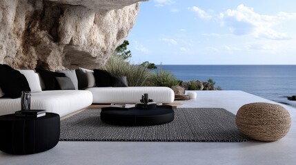 Coastal cave-like outdoor lounge area.  Modern, minimalist design with white and black furnishings