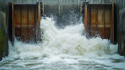 Water flowing through sluice gates metal concrete structure power