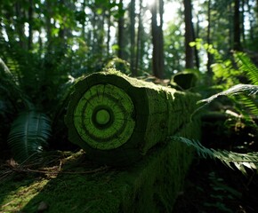 Fototapeta premium Moss-covered log rests in a lush, sun-dappled forest, surrounded by ferns and towering trees. A serene woodland scene