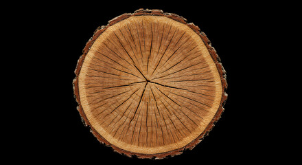 Wooden Log Cross Section Revealing Growth Rings Isolated on Black