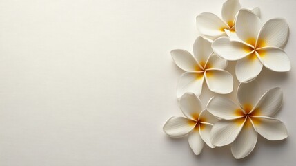 Fototapeta premium Elegant white plumeria flowers on subtle textured background for relaxation and nature themes