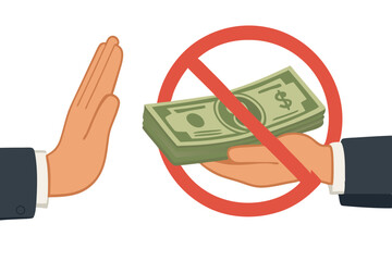 Businessman hand refusing offered bribe money with stop gesture, red prohibition sign over cash illustrates anti-corruption, financial crime prevention, ethics concept vector.