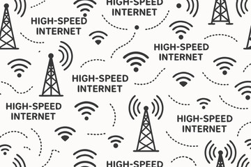 Seamless Vector Pattern Illustrating High-Speed Internet Access. Wireless Communication Tower, Wi-Fi Signal Icons on White Background for Technology, Network, Broadband Theme.