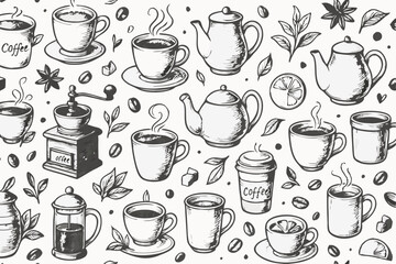 Hand-Drawn Coffee & Tea Seamless Pattern. Vintage Engraved Sketch Vector Illustration Background with Cups, Teapots, Beans, Leaves, Grinder, Lemon, and Anise Elements.