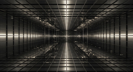 Metallic Grid Structure With Deep Perspective, Glowing Geometric Tunnel