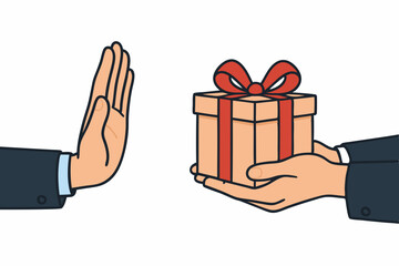 Refusing a gift offer vector concept, businessman hand gesturing stop to decline a present box, representing anti-corruption, ethical business standards, rejecting bribe illustration.