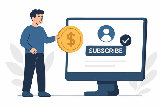 Vector illustration of a man paying online subscription fee with large dollar coin on computer screen, representing digital service membership and ecommerce finance.