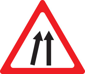 lane merge ahead warning sign, triangular red border traffic symbol indicating road lanes merging together
