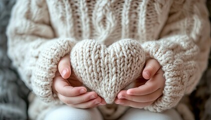 Softly cradled knitted heart held by gentle hands in cozy sweater during a warm indoor moment