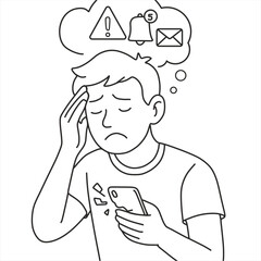 Overwhelmed Man with Smartphone Notifications — Digital Stress and Burnout Concept Illustration