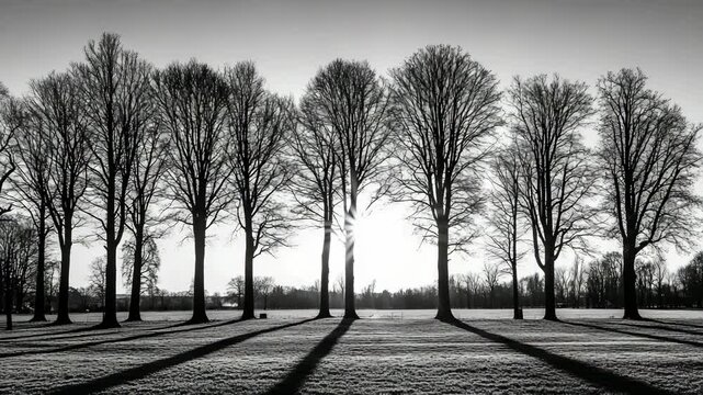 Row of barren trees cast long shadows on frost covered grass in grayscale winter landscape