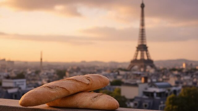 Fresh Baguettes in Front of Eiffel Tower at Sunset in Paris