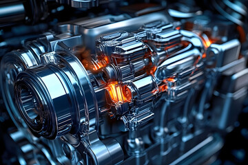 Fototapeta premium Detailed 3D rendering of a car internal combustion engine including power, ignition, cooling, lubrication and exhaust systems, crank and gas distribution mechanism