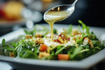 Caesar salad dressing pouring  onto Caesar salad dish in the restaurant.