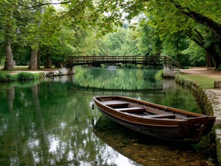 Obraz premium Tranquil wooden boat under bridge