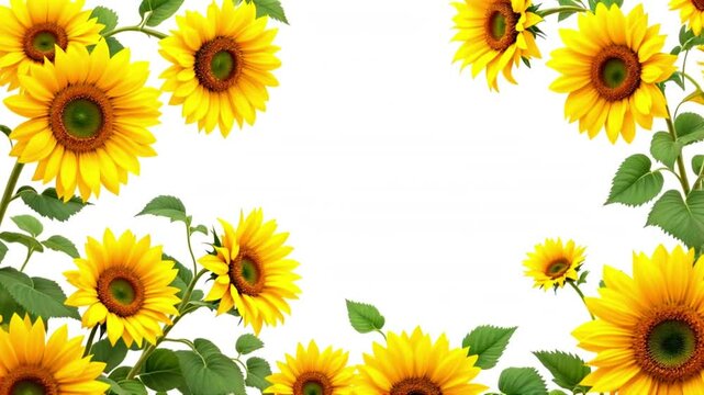 Bright yellow sunflowers frame with green leaves on a white background creates a cheerful border