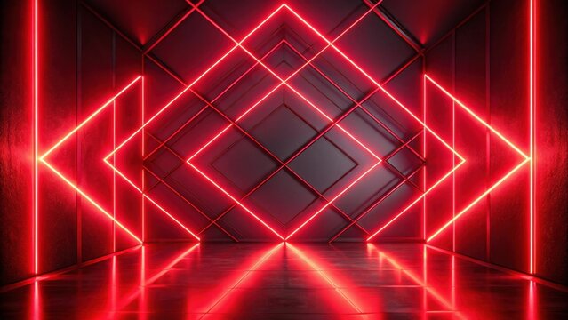 Abstract Red Neon Light Installation in a Dark Room with Geometric Wall Design - Powered by Adobe