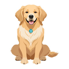 Happy golden retriever cartoon illustration sitting and smiling, adorable friendly dog with fluffy fur and a blue tag, Vector Graphic