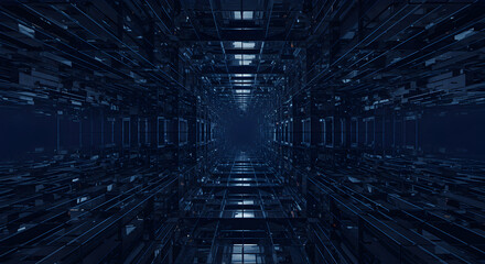 Obraz premium Endless Digital Corridor Showing Geometric Architecture in Dark Tones