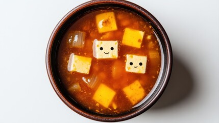 Whimsical bowl of soup with smiling cheese cubes and vibrant broth on a clean white background