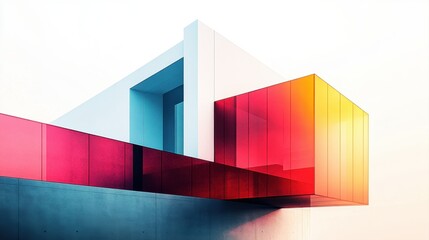 Abstract architectural design featuring colorful glass panels and geometric shapes in a modern setting