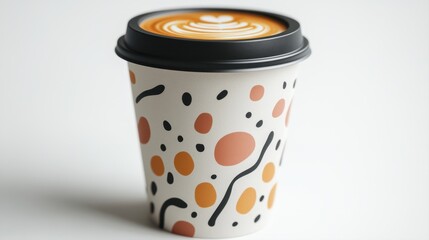 Artistic Paper Coffee Cup with Colorful Design Featuring Swirls and Shapes on a Light Background