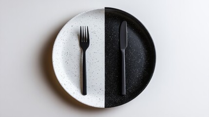 Modern minimalist plate design with fork and knife set on contrasting black and white surface in stylish kitchen setting