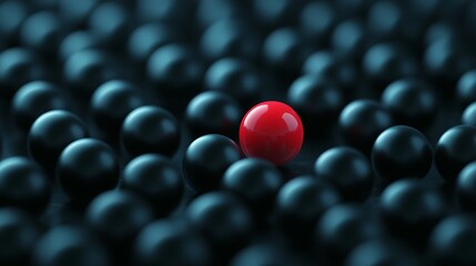 Closeup of Red Sphere Amidst Dark Blue Spheres with Selective Focus Surface
