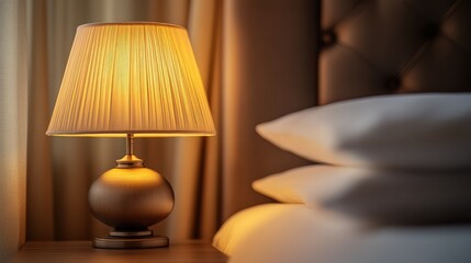Elegant bedside lamp illuminated beside soft pillows creating a cozy atmosphere