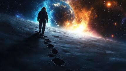 An astronaut stands by their footprints on the Moon, dramatic shadows and a vibrant galaxy-filled sky, Earth shining in space, cinematic sci-fi style