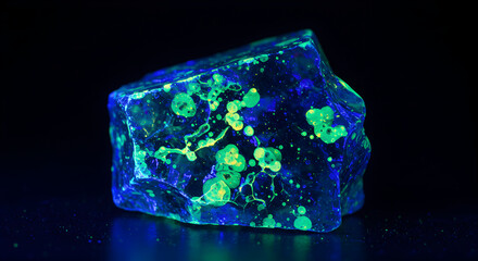 Fototapeta premium Abstract Irregular Rock Glowing With Bright Bioluminescent Splatters In Dark