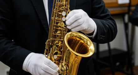 Fototapeta premium Gloved Hands Playing Saxophone with Dramatic Lighting and Close-Up of Brass Instrument