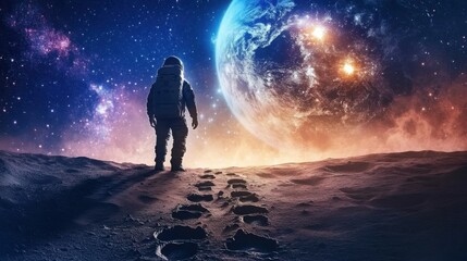 An astronaut stands by their footprints on the Moon, dramatic shadows and a vibrant galaxy-filled sky, Earth shining in space, cinematic sci-fi style
