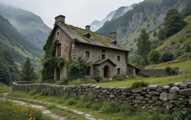 Fototapeta premium An abandoned stone farmhouse surrounded by a stone wall and trees with a misty background.