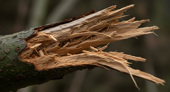 Fractured Branch Displaying Wood Splinters After A Storm Damage Concept