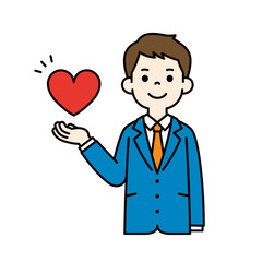 大きなハートを持つ、スーツを着た若い男性のベクターイラスト素材＿線幅の編集可能＿カラー