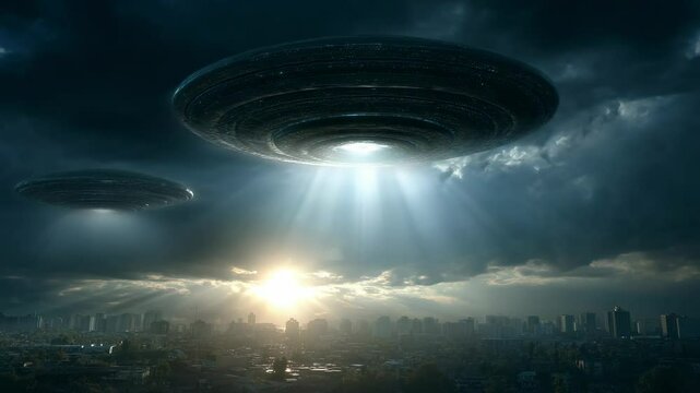 Two unidentified flying objects hovering over urban cityscape emitting bright light beams through cloudy sky during daytime invasion scene